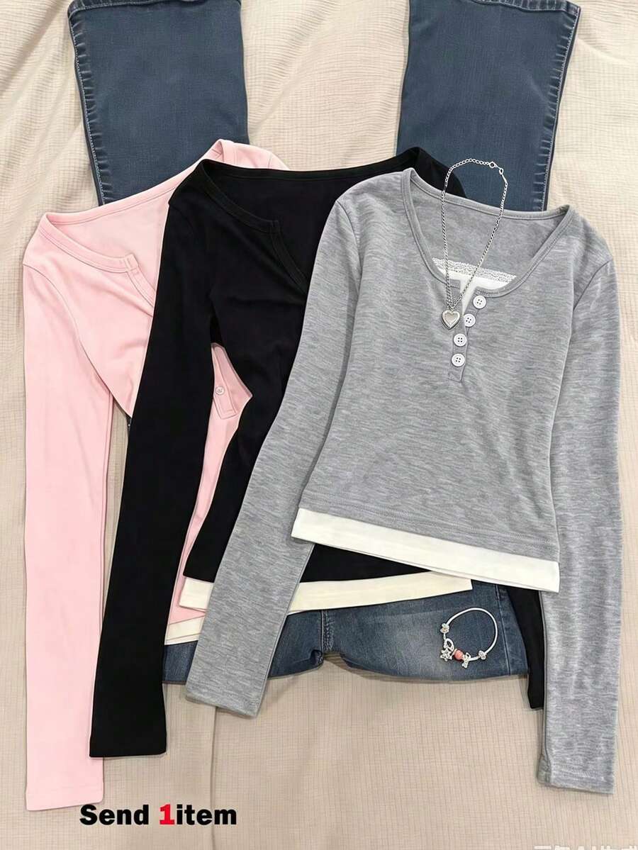 SHEIN Sparklyn Tween Girl Fall Tops Fall Button Half-Placket 2 In 1 Long Sleeve T-Shirt, Holiday Outfits, Casual, Comfortable - Grey - View 1