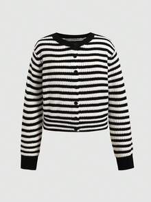 SHEIN 青少年女孩條紋圓領長袖開襟衫，返校季，學院風 - 黑與白 - 查看 3
