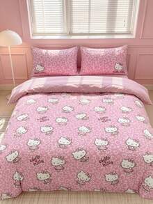 HELLO KITTY AND FRIENDS | SHEIN 3件組可愛卡通印花被套組，磨毛材質，柔軟保暖，多尺寸可選，適用單人床/雙人床/加大雙人床/特大床 - 皮粉 - 查看 1