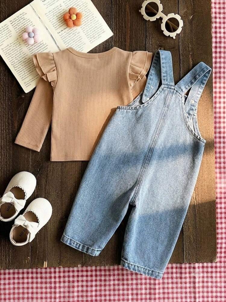 SHEIN Vintaside Kids 2pcs Set Pakaian Bayi Laki-laki dan Perempuan Unisex untuk Balita Usia 0-3 Tahun, Musim Semi dan Gugur, Motif Bunga Merah Manis, Celana Panjang Denim, Atasan Pullover Lengan Panjang Leher Bulat, dan Overall Denim, Cocok untuk Jalan-jalan, Belanja, dan Pakaian Kasual. - Coffee Brown - View 2