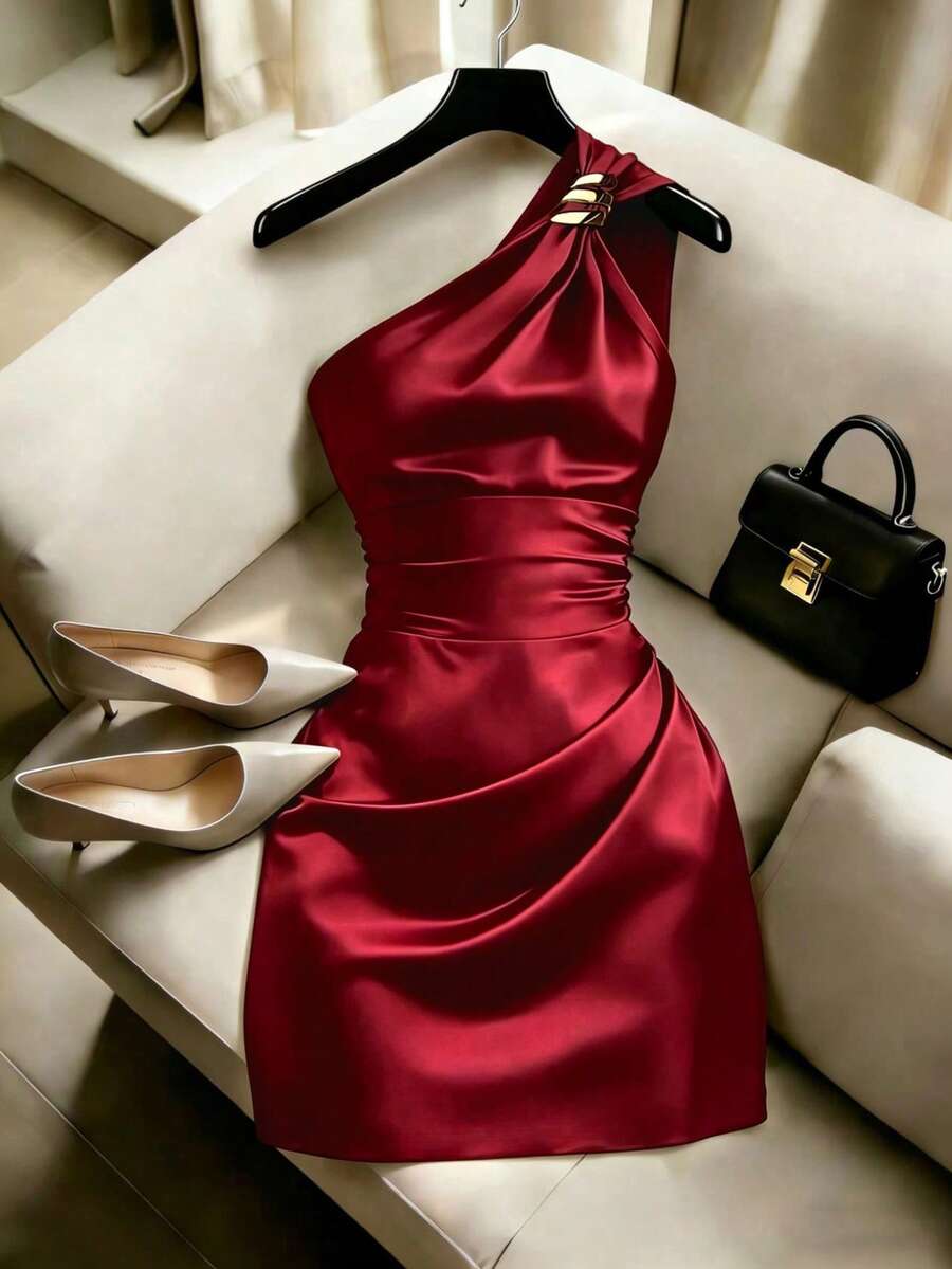 SHEIN Franclia Women's Elegant Asymmetric Neck Metal Buckle Ruched Waist Bodycon Mini Dress Summer - Burgundy - View 1