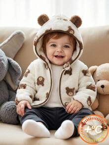 SHEIN 1pc Baby Boy White Winter Fleece Hooded Jacket,Cute Bear Print,Soft & Comfortable Birthday Outerwear,Fashionable Versatile Coat For Infant Kids Warm - Multicolor - View 1