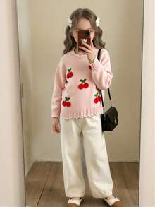 Fashionable Versatile Cute Cherry Pattern Girls Toddler Pullover Round Neck Sweater - Pink - View 7