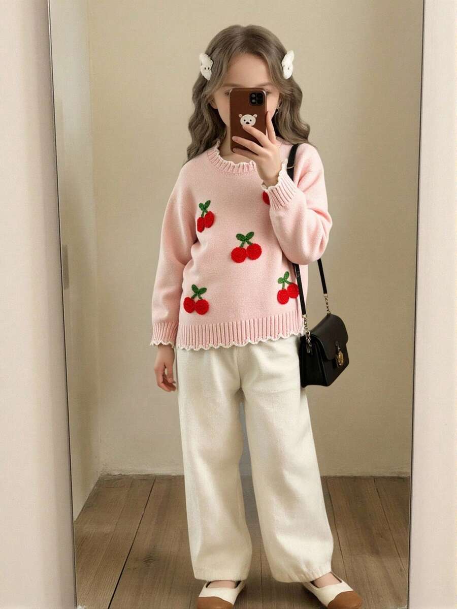 Fashionable Versatile Cute Cherry Pattern Girls Toddler Pullover Round Neck Sweater - Pink - View 1