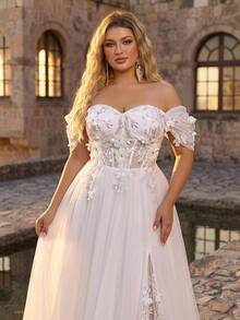 Glamrae Luxury Plus Size Elegant Gorgeous White Sequin Embroidered 3D Floral Off-Shoulder Hanging Sleeve Applique Ruched A-Line Patchwork Triangle Mesh For - White - View 2