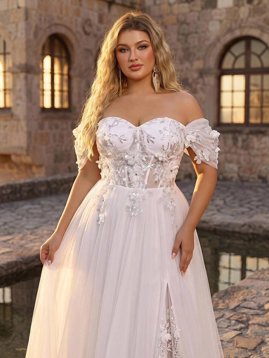 Glamrae Luxury Plus Size Elegant Gorgeous White Sequin Embroidered 3D Floral Off-Shoulder Hanging Sleeve Applique Ruched A-Line Patchwork Triangle Mesh For
