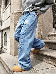 Manfinity EMRG Jeans de Mezclilla Desgastados Estilo Callejero Europeo & Americano a Juego para Parejas - Azul - Ver 6