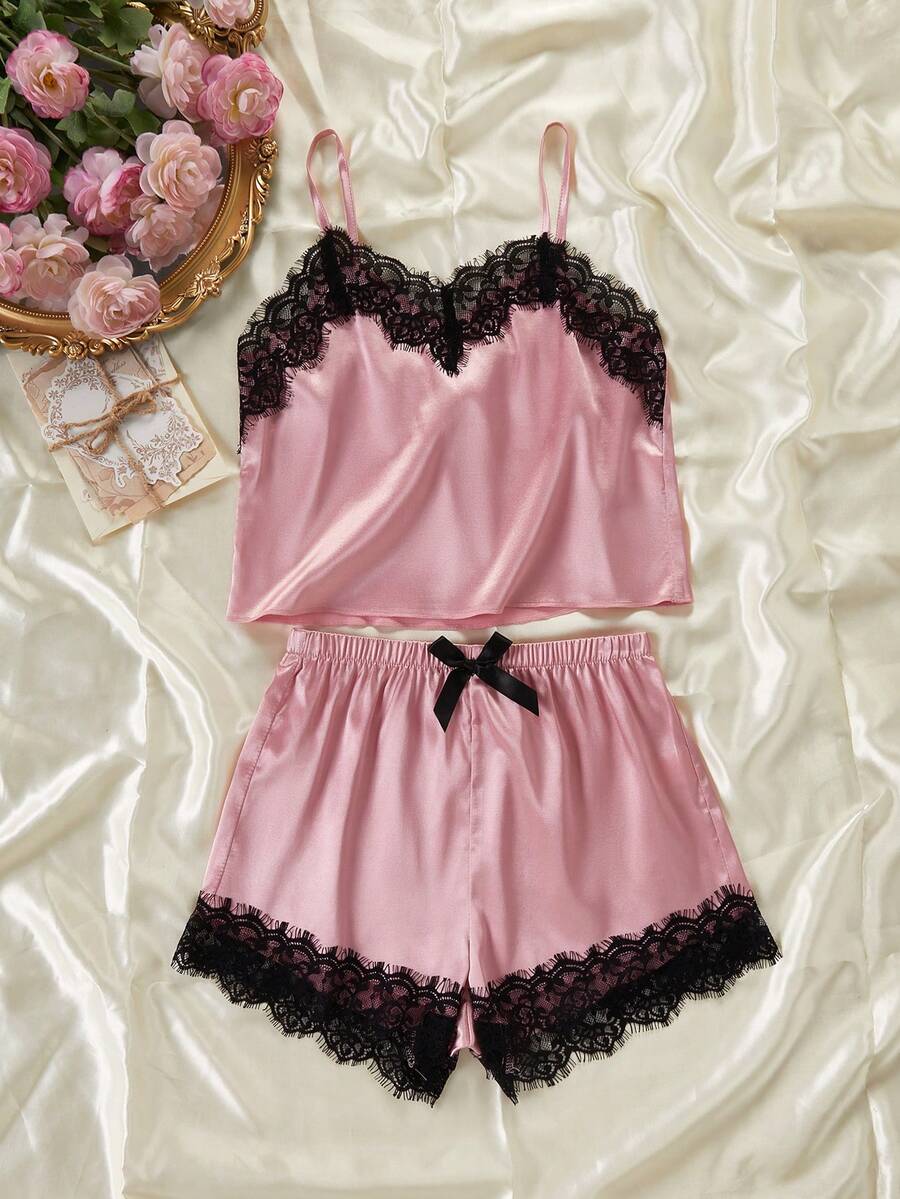 SHEIN 女童睡衣 4合1盲盒 隨機款不重複 優雅蕾絲拼接舒適柔軟緞面布料 扣環蝴蝶結短褲兩件組 居家室內休閒服 夏季 4套睡衣隨機出1套 - 彩色 - 查看 1