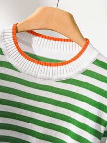 CosyJoli Plus Size Casual Striped Contrast Color Round Neck Short Sleeve Knit Top Fall/Winter - Green - View 6