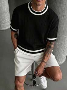 Manfinity LEGND Men's Contrast Trim Short Sleeve Knit Top - Black and White - View 1