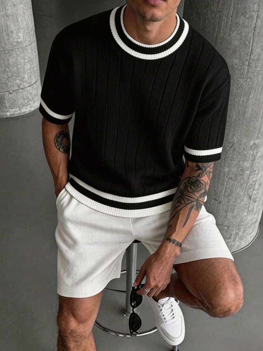 Manfinity LEGND Men's Contrast Trim Short Sleeve Knit Top - Black and White - View 1