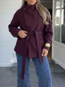 Aloruh Minimalist Commuter Versatile Plum Purple Lace-Up Stand Collar 2-In-1 Fitted Waist Long Sleeve Short Overcoat For Women - Red Violet - View 3
