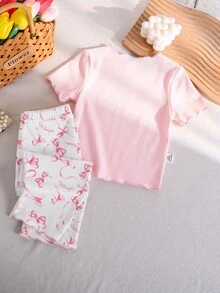 SHEIN [3套隨機發送 1套]女嬰睡衣 春/夏四季熱銷款 甜美蝴蝶結、珍珠心形、櫻桃圖案組合印花對比滾邊設計圓領短袖套頭上衣與長褲 2件式家居服套裝 1套 - 白色 - 查看 3
