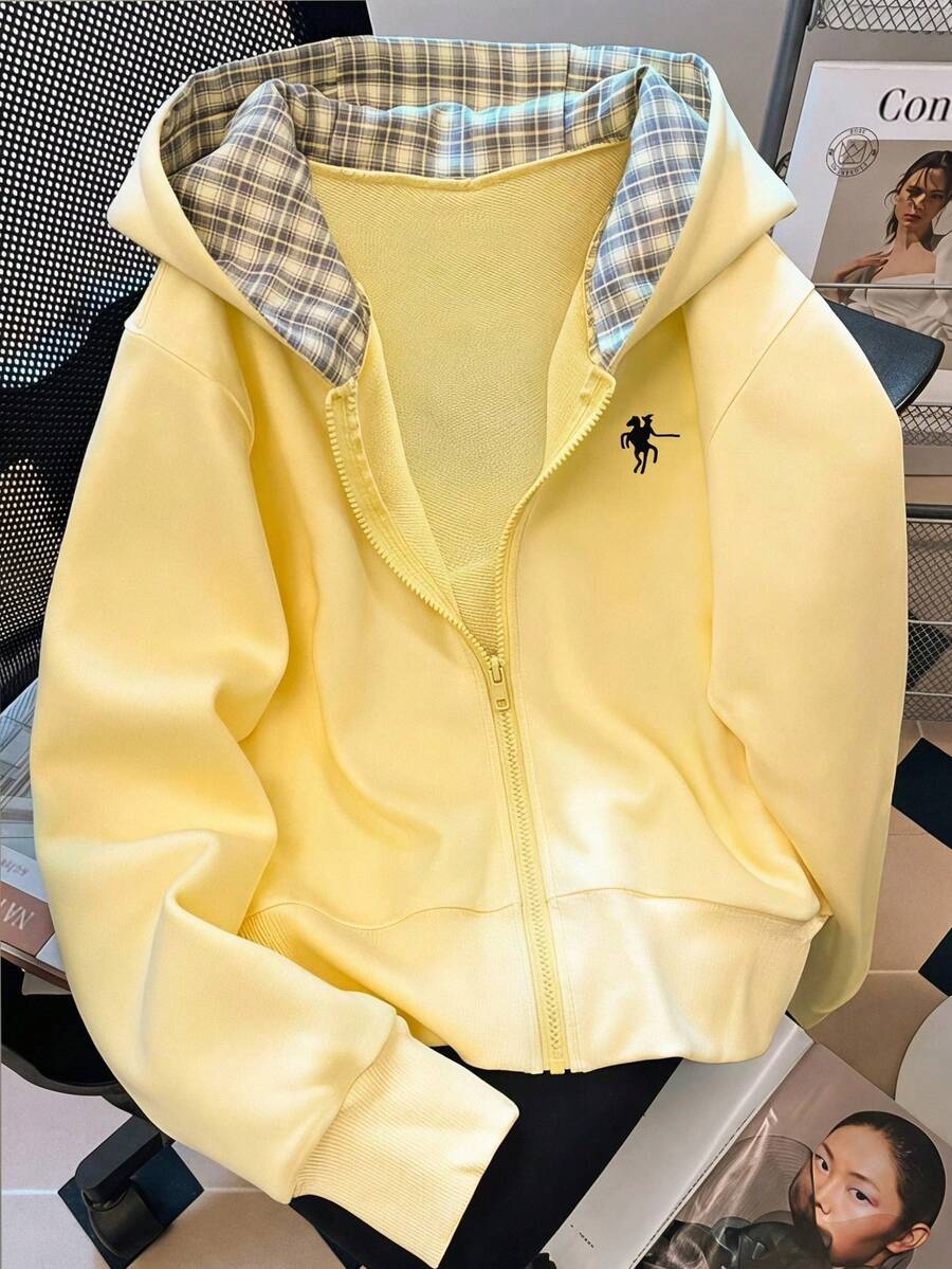 SHEIN 青少年女孩格紋內裡連帽拉鍊運動衫,厚款短版秋季夾克,小眾淡黃色小馬印花,休閒學院風學生款 - 黃色 - 查看 1