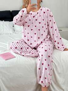 Napfluff CURVE Napfluff CURVE Cute Striped Heart Print Plush Loungewear 2 Pieces Set, Plus Size Pajamas For Autumn/Winter - Pink - View 4