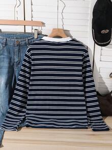 SHEIN 青少年女孩 V 領條紋拼色休閒校園風百搭日常穿著 T-shirt 海軍藍 秋季 - 藏蓝色 - 查看 2