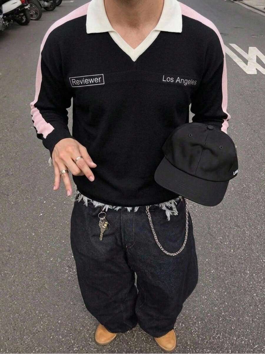 NEOSTRIT 男士拼色V領 Polo領針織字母印花長袖休閒套頭毛衣,適合秋冬穿著 - 黑色 - 查看 1