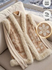 SHEIN Clasi 刺繡拼接毛領復古夾克，秋冬款 - 棕色 - 查看 12