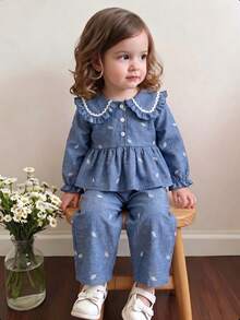 SHEIN Vintaside Kids 彼得潘領女嬰家庭套裝 優雅大方翻領長袖上衣與長褲套裝 秋季拍照用 藍白配色 - 彩色 - 查看 10