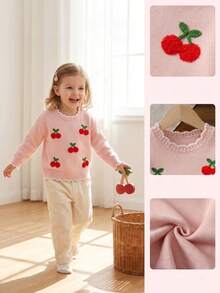 Fashionable Versatile Cute Cherry Pattern Girls Toddler Pullover Round Neck Sweater - Pink - View 11