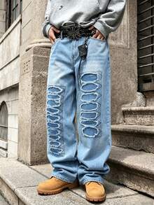 Manfinity EMRG Jeans de Mezclilla Desgastados Estilo Callejero Europeo & Americano a Juego para Parejas - Azul - Ver 1
