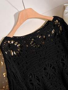CosyJoli Plus Size Solid Color Hollow Knit Sweater Fall - Black - View 5