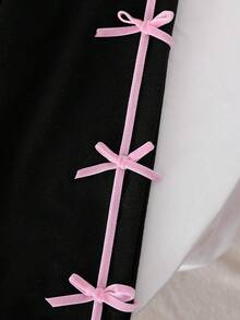 SHEIN Playful Pals 2pcs/Set Baby Girls Bow Decor Black Polka Dot Long Sleeve Top,Wide Leg Pants,Autumn,Cute Kawaii, Pink,Family Matching Fashionable Outfit - Black - View 6