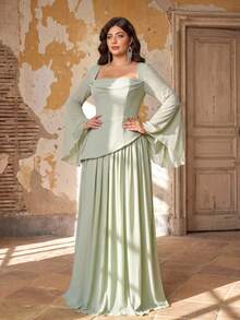 Aureia Plus Size Elegant Sage Green Chiffon Trumpet Sleeve 2 In 1 A-Line Maxi Dress Suitable For Wedding Party Ball Birthday Bridesmaid - Green - View 3