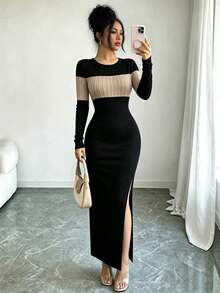 Selianne Gaun Wanita Vintage Colorblock Leher Bulat Belahan Samping Lengan Panjang - MultiWarna - View 5