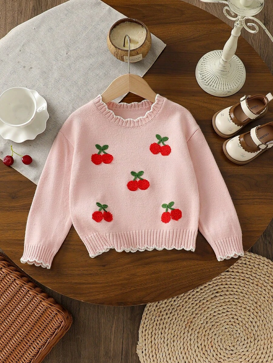 Fashionable Versatile Cute Cherry Pattern Girls Toddler Pullover Round Neck Sweater - Pink - View 1