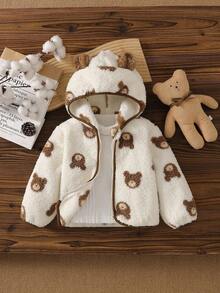 SHEIN 1pc Baby Boy White Winter Fleece Hooded Jacket,Cute Bear Print,Soft & Comfortable Birthday Outerwear,Fashionable Versatile Coat For Infant Kids Warm - Multicolor - View 4