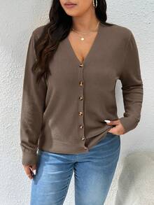 CosyJoli Women Plus Size Yellow Basic Cardigan, Solid Color Minimalist Casual Wear For Daily, For Spring Winter - Coffee Brown - View 12