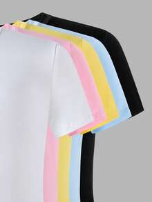 SHEIN 青少年女孩休閒時尚針織布多巴胺色5件組T恤套裝，寬鬆舒適，適合夏季日常通勤與戶外玩耍 - 彩色 - 查看 4