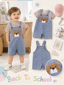SHEIN Playful Pals 2-Piece Set Baby Boy Spring/Summer Brown White Denim Blue Colorblock Cute Teddy Bear Patchwork Overall Shorts And Striped Crew Neck Short Sleeve Top Outfit, Loose Straight Fit, Suitable For Daily Wear, Outdoor Strolling, First Birthday Photos, Family Gatherings, Short Trips - Brown - View 1