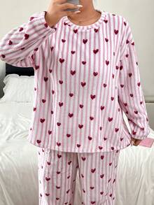 Napfluff CURVE Napfluff CURVE Cute Striped Heart Print Plush Loungewear 2 Pieces Set, Plus Size Pajamas For Autumn/Winter - Pink - View 6