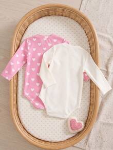 SHEIN 2pcs Baby Girls Bodysuits, Small Stand Collar Design, Featuring Heart Print And Heat , Sweet And Cute Style - Multicolor - View 2