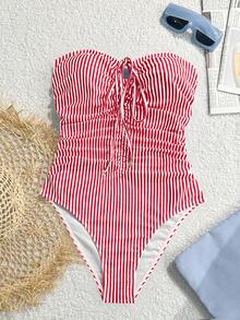 Swim Chiccia 女士红白条纹褶饰性感系带连体泳衣，海滩度假装 - 紅白色 - 查看 6