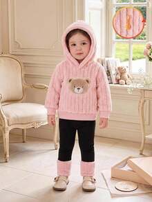 SHEIN Souflis 2pcs/Set Baby GirlPink Fleece Lined Thick Hooded Bear Embroidery Long Sleeve Leggings Pants Cute Casual Fashion Korean Style Warm Plush Outfit, Suitable For Winter Daily Outings Or Indoor Occasions Versatile Wear - Multicolor - View 1