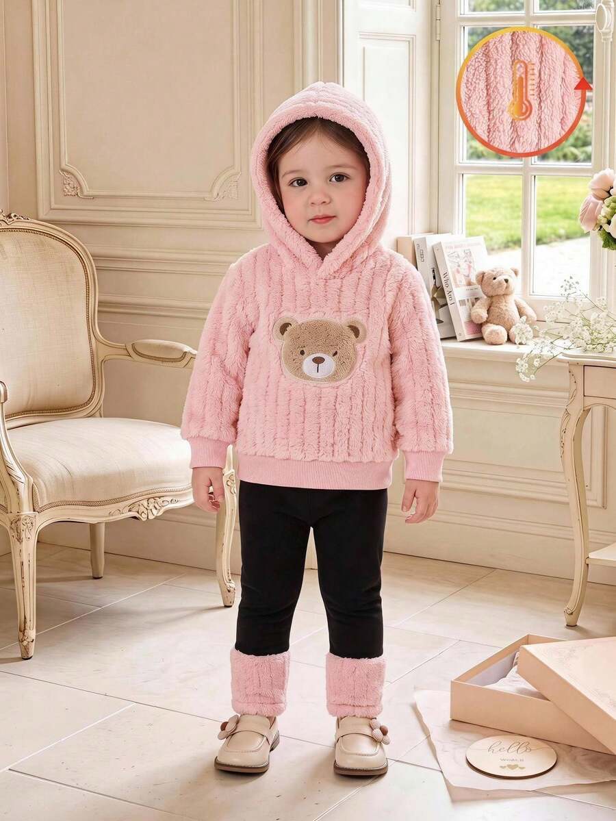 SHEIN Souflis 2pcs/Set Baby GirlPink Fleece Lined Thick Hooded Bear Embroidery Long Sleeve Leggings Pants Cute Casual Fashion Korean Style Warm Plush Outfit, Suitable For Winter Daily Outings Or Indoor Occasions Versatile Wear - Multicolor - View 1