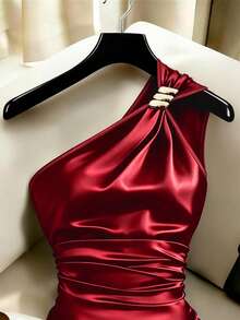 SHEIN Franclia Women's Elegant Asymmetric Neck Metal Buckle Ruched Waist Bodycon Mini Dress Summer - Burgundy - View 4