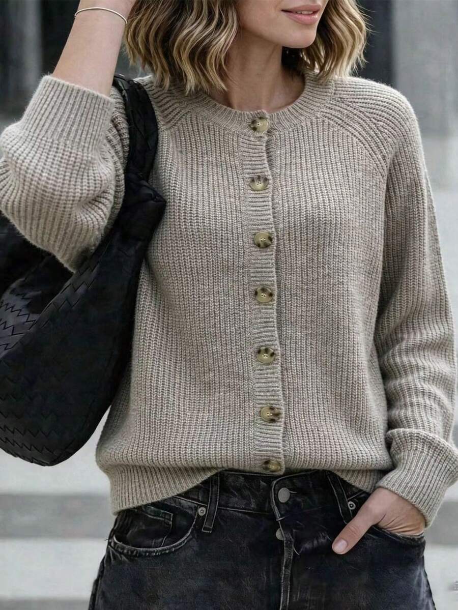 Balvessa Damen einfarbiger Raglan-Langarm-Strick-Cardigan mit einreihiger Knopfleiste, lässig - Kamelfarben - Übersicht 1