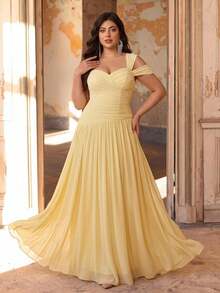 Aureia Plus Size Fashion Elegant Butter Yellow Elastic Mesh Fabric Strapless One Shoulder Ruched Bodycon A-Line Skirt Suitable For Wedding Bridesmaid Spring - Yellow - View 4