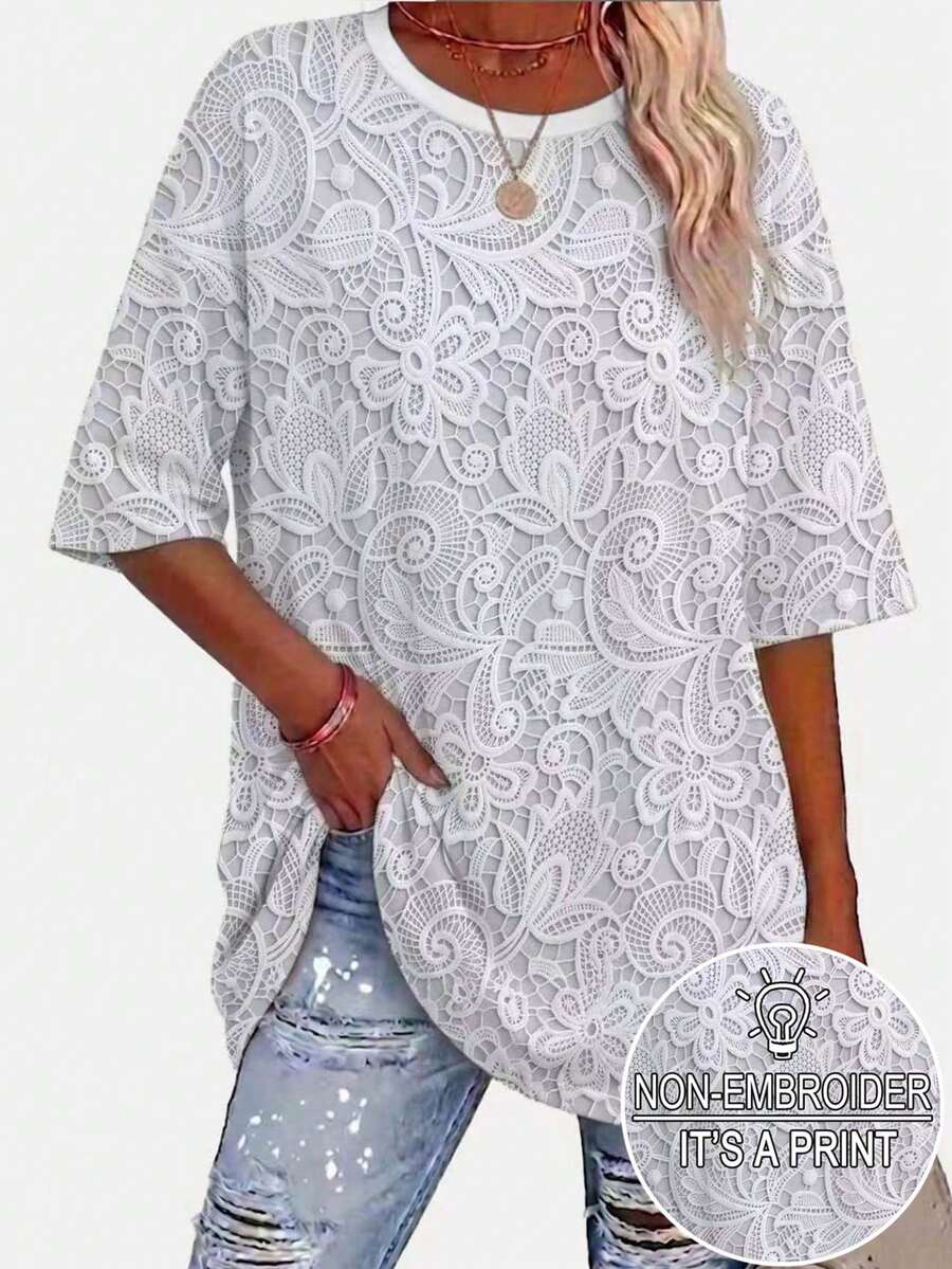 EMERY ROSE Camiseta holgada de cuello redondo con patchwork de encaje para mujer de talla grande - Multicolor - Ver 1
