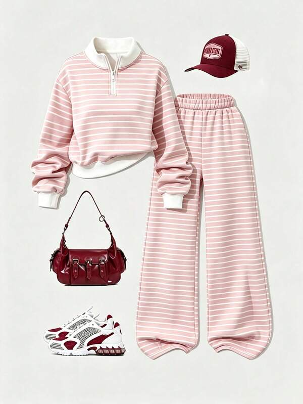 Teen Girls Stand Collar Half-Zip Sweatshirt Set, Student Big Teen Girl Pink & White Striped Short Top & Wide Leg Long Pants 2-Piece Set, Stylish Casual Loose Half-Stand Collar Pullover Sweatshirt, Girls Daily Commute Campus Outfit, Autumn/Winter American Retro Striped Pink