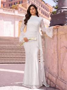 Aureia Plus Size Elegant Glamorous Romantic White Stand Collar Pearl Embellished Flared Sleeve Ruched Fitted Mermaid Hem Patchwork With Train Suitable For Evening Party Single Party Date Ball Vacation Wedding Event Bridal Gown - White - View 3