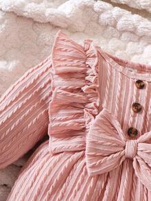 SHEIN Jumpsuit Bayi Perempuan dengan Hiasan Ruffle, Lengan Mengembang, dan Pita di Bagian Depan, Cocok untuk Musim Gugur. - Dusty Pink - View 5