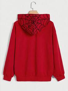 SHEIN EZwear 女款休閒開襟連帽衛衣，蜘蛛圖案，女款秋冬服飾 - 彩色 - 查看 2