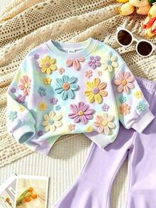 Baby Girls 1 Set Sweet Colorful Outfit, Cute Children's Ditsy Floral, Casual Comfortable Soft Round Neck Long Sleeve Sweatshirt And Flared Pants, Suitable For Autumn/Winter Daily Wear. - Multicolor - View 5