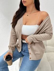 CosyJoli Women Plus Size All-Match Solid Color Casual Cardigan, Clothes For Women Spring Winter - Apricot - View 7
