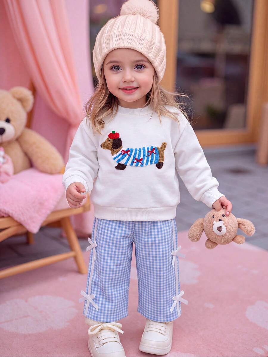SHEIN Vintaside Kids 嬰兒女童秋冬針織圓領T恤套裝,小狗毛巾刺繡、針織滾邊、蝴蝶結、格紋印花長褲,運動時尚兩件套 - 藍色 - 查看 1